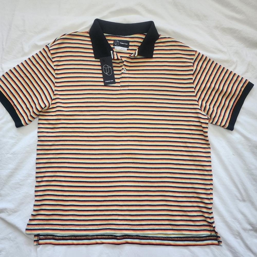 Original Use Orange and Black Men's Polo Shirt with Striped Design, Size M.